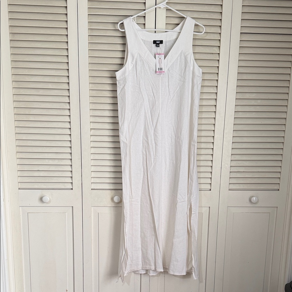 DKNY White V Neck Sleeveless Linen Maxi Dress